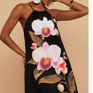 Black Halter Dress with Pink Orchid Print Size Large